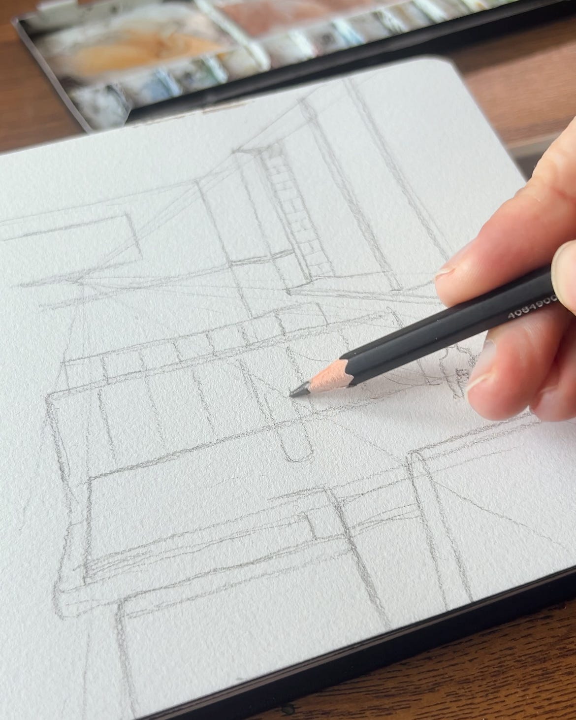 boceto inicial con puntos de fuga. perspectiva