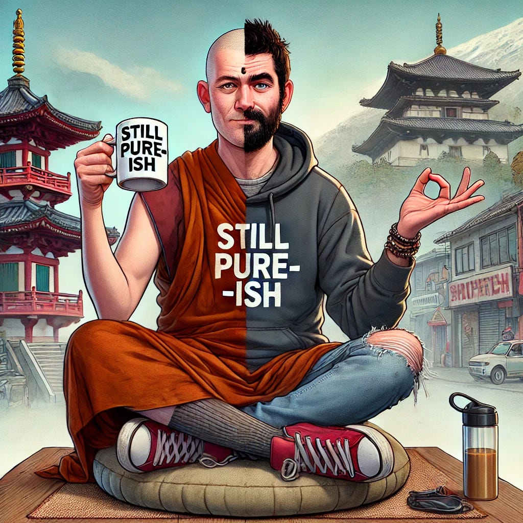 A satirical and humorous digital illustration of a former monk turned modern mystic. The character is wearing half a traditional monk robe and half casual clothes (like jeans and a hoodie), sitting cross-legged on a meditation cushion. He's holding a coffee mug that says 'Still Pure-ish' and has a sarcastic smirk on his face. Behind him is a background that blends a serene monastery with chaotic city life – half temple, half street art wall. The overall tone is playful and ironic, with a hint of spiritual depth.