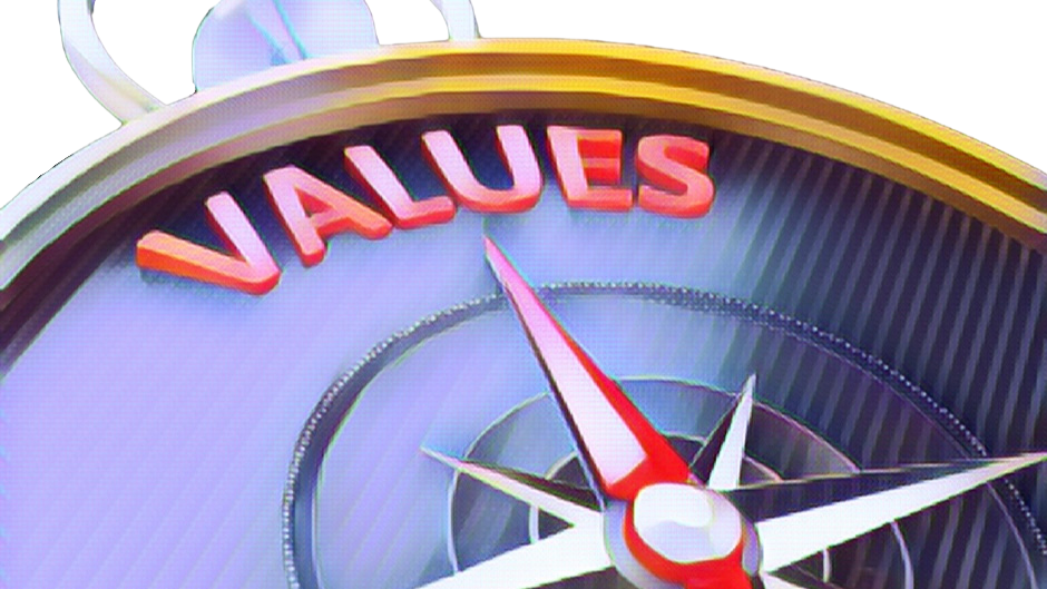 A compass with the word values as north