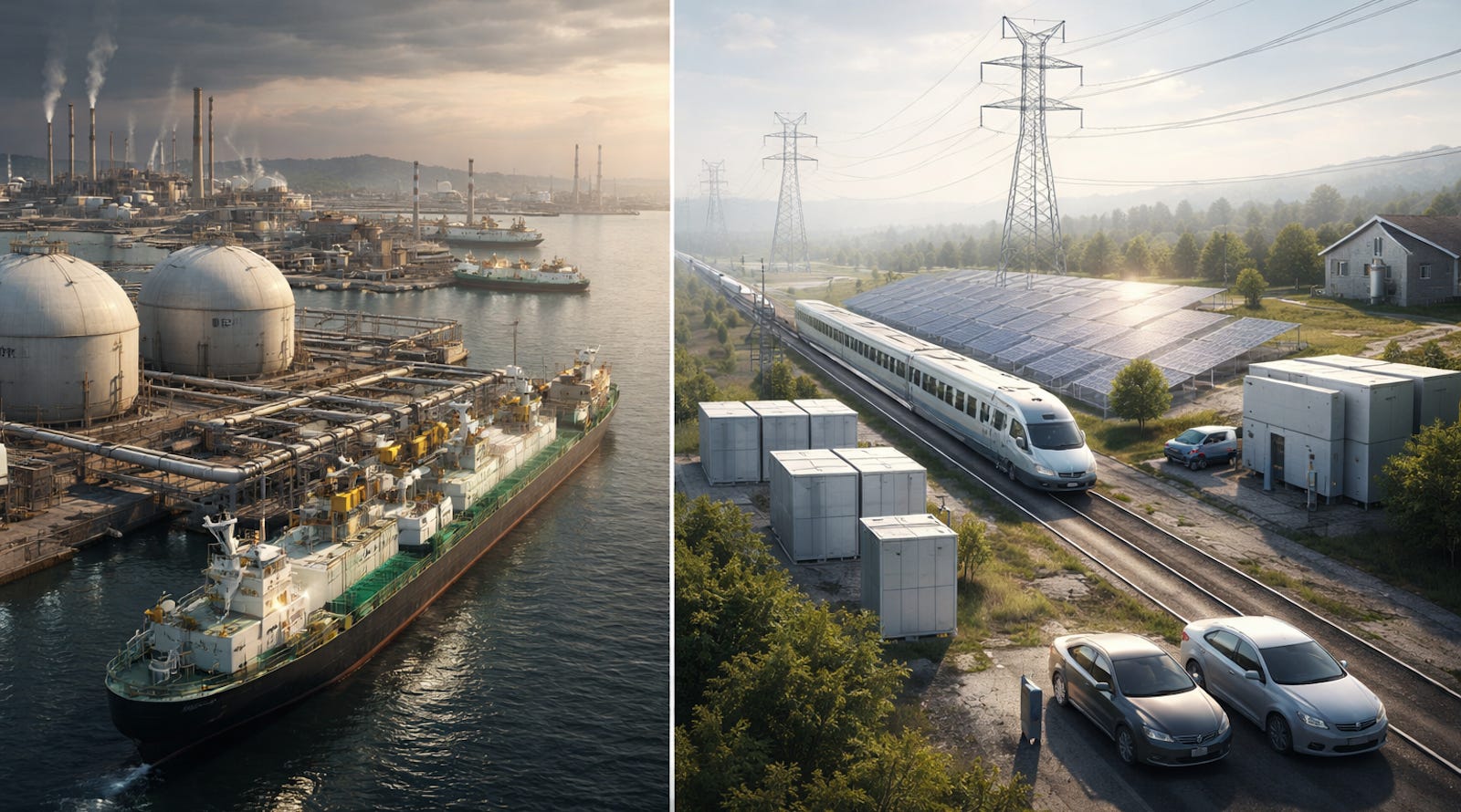 Molecule-heavy energy trade contrasted with an electrified economy beyond Hormuz.