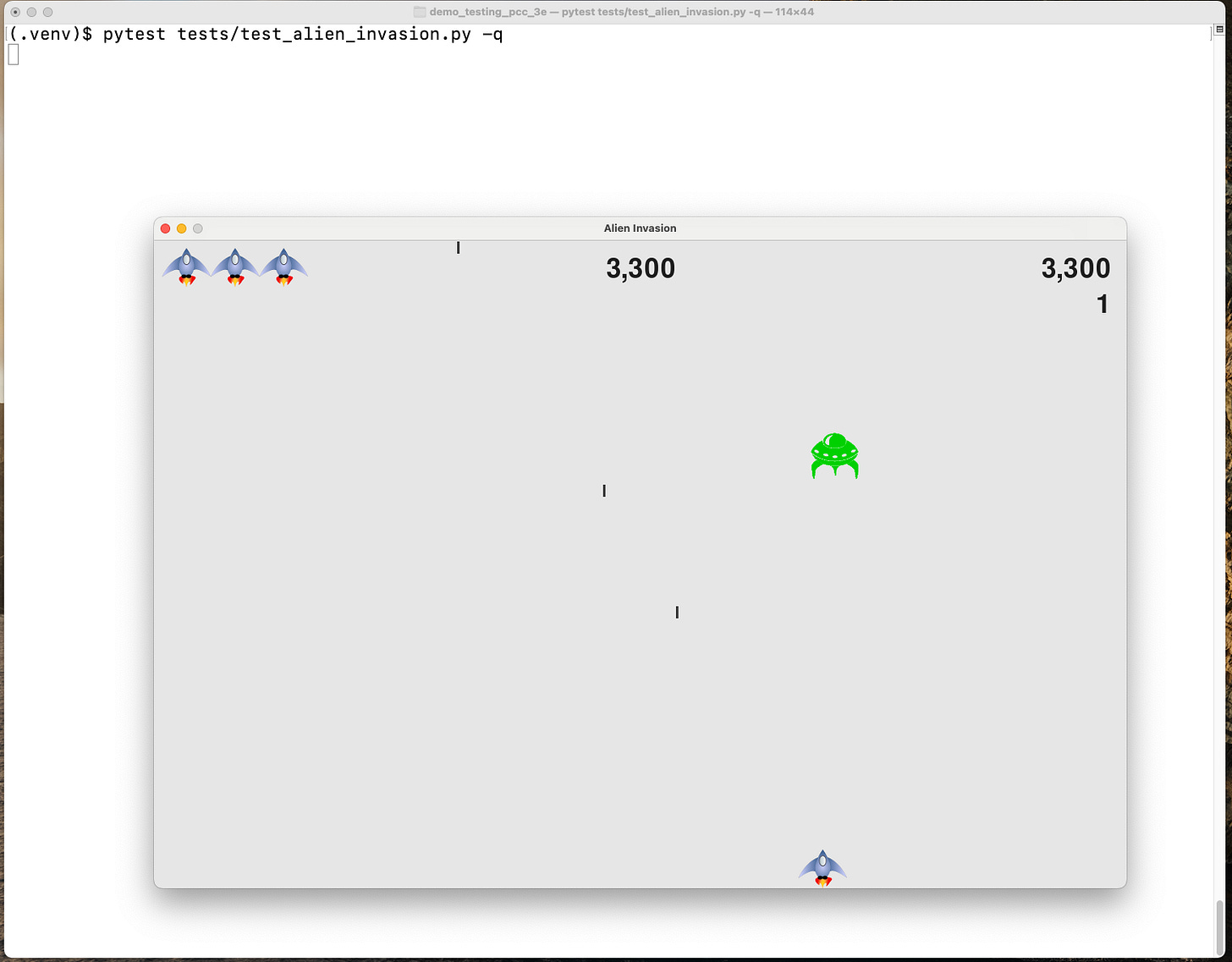 Terminal running pytest command, and game window open in front of terminal Terminal running pytest command, and game window open in front of terminal