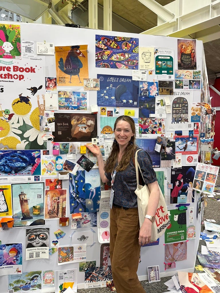 Putting my work up on the Illustrator’s Wall at the Bologna Children’s Book Fair