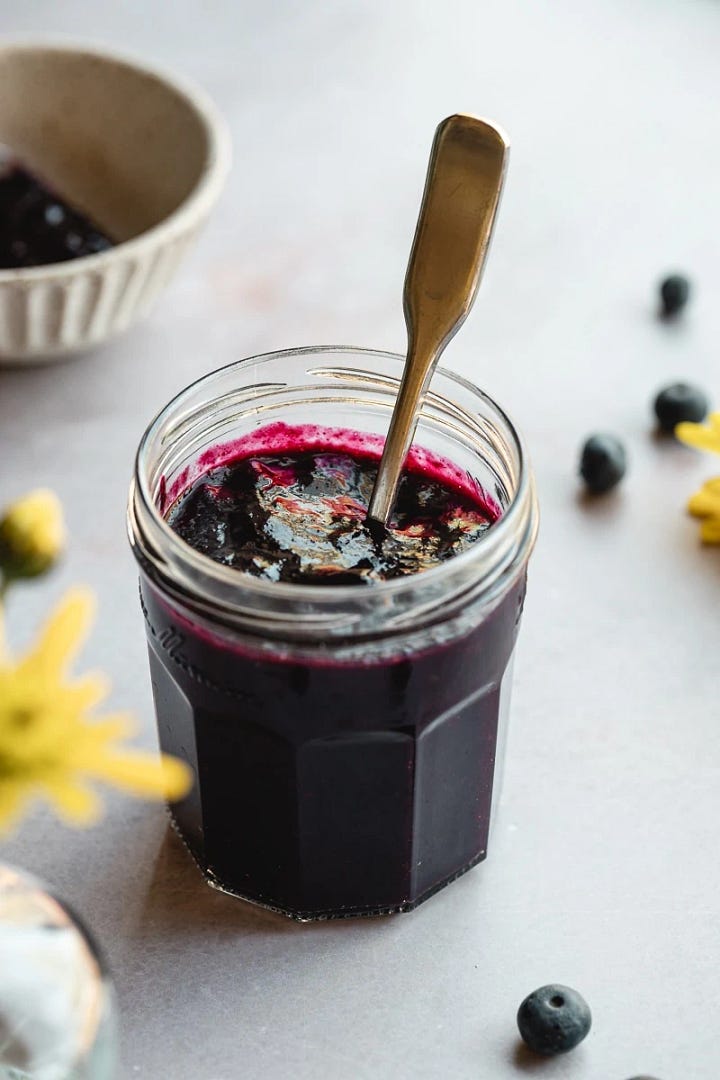 Blueberry jam and keto key lime pie.