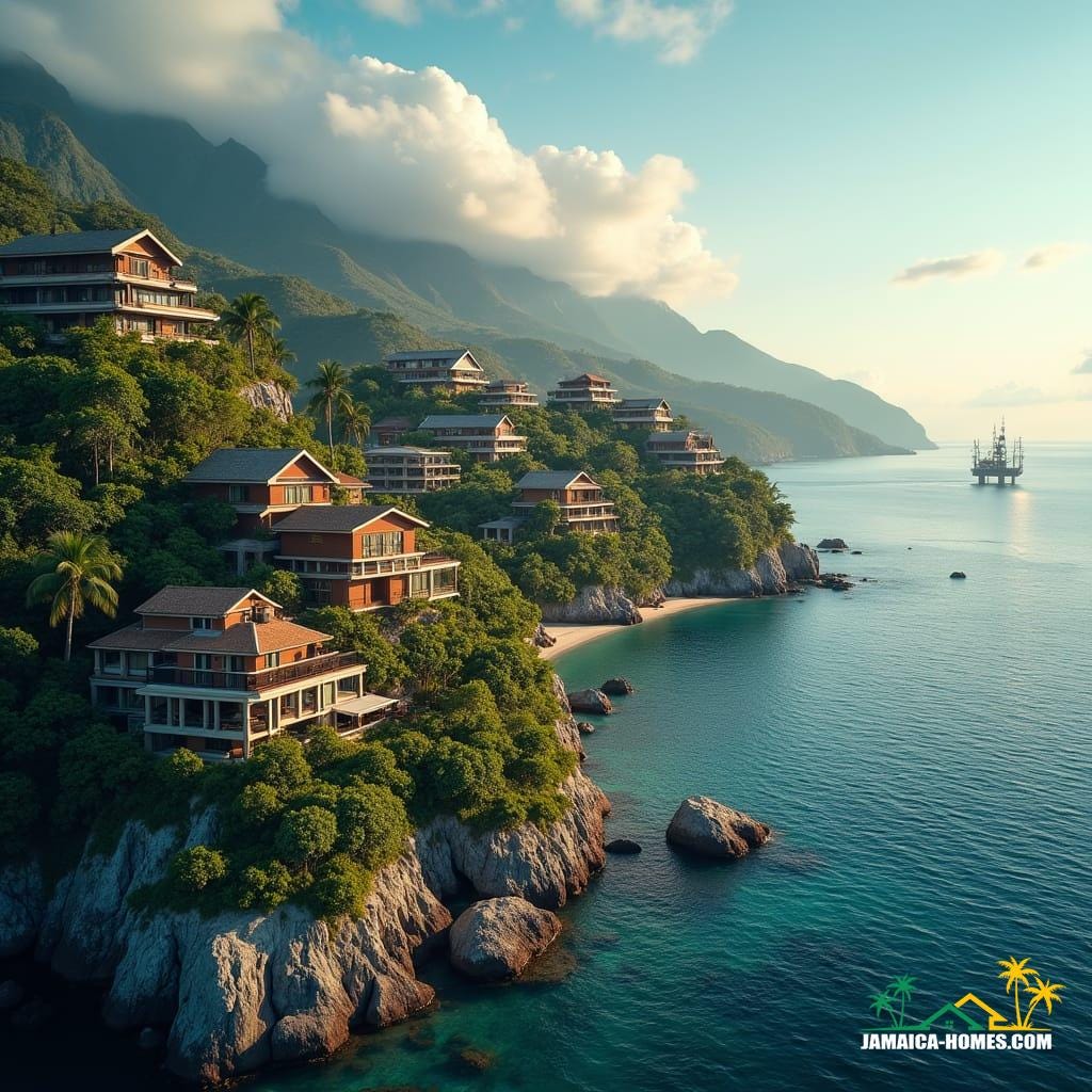 Luxurious boutique eco-resorts and high-rise hotels, set against the backdrop of a thriving tourism market, with a growing demand for diverse travel experiences, amidst a stunning seascape with one or two Giant Offshore Rigs visible in the distance, a blend of natural beauty and industrial grandeur.