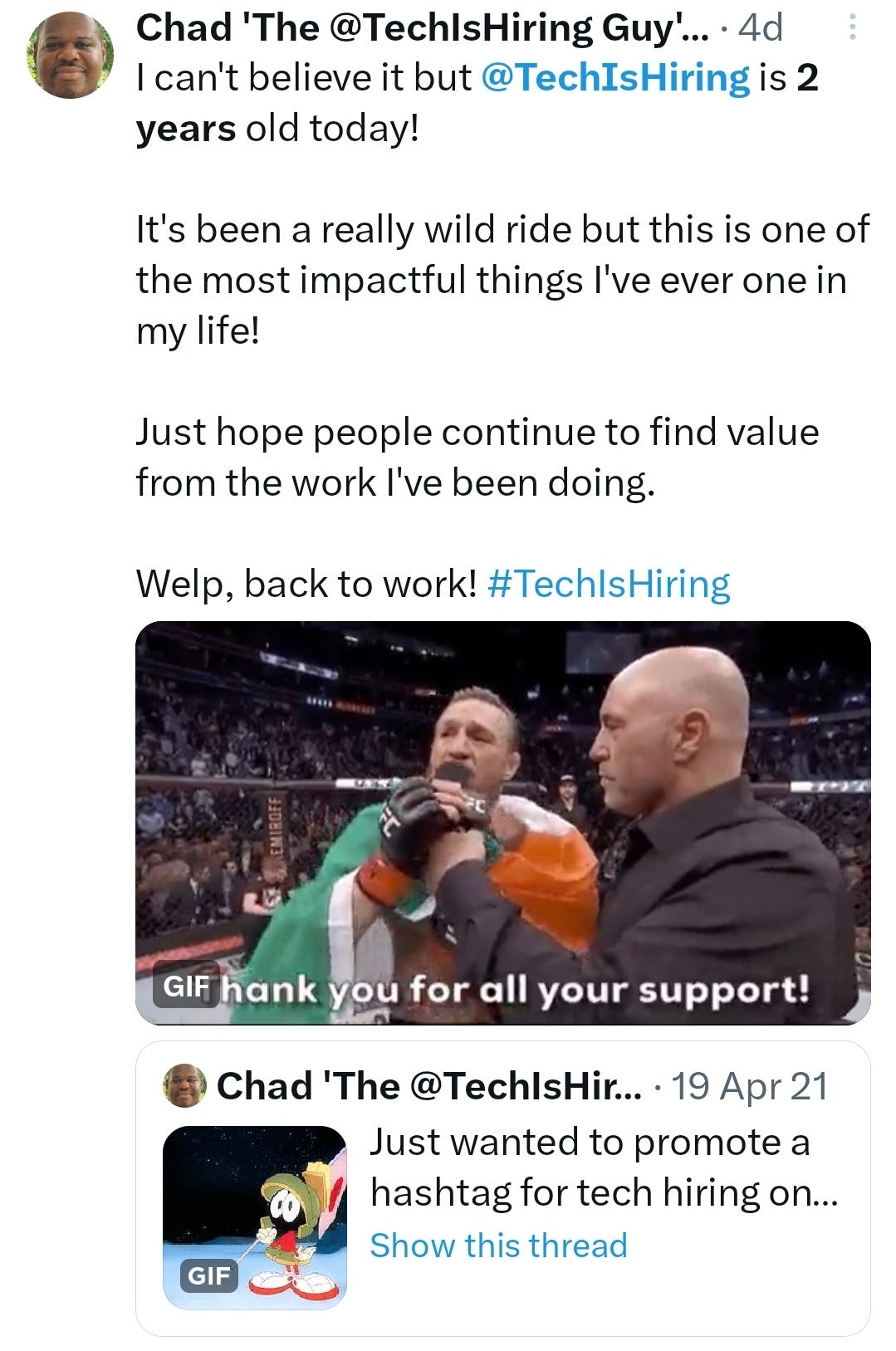 I can't believe it but @TechIsHiring is 2 years old today! It's been a really wild ride but this is one of the most impactful things I've ever one in my life! Just hope people continue to find value from the work I've been doing. Welp, back to work! #TechIsHiring I can't believe it but @TechIsHiring is 2 years old today! It's been a really wild ride but this is one of the most impactful things I've ever one in my life! Just hope people continue to find value from the work I've been doing. Welp, back to work! #TechIsHiring