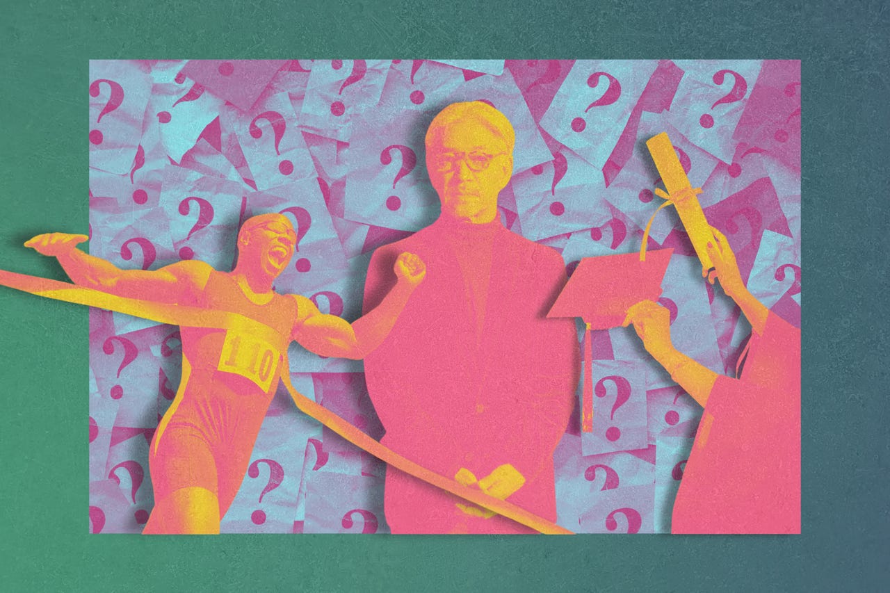 a colorful collage featuring a runner, Ryuichi Sakamoto, and a college graduate