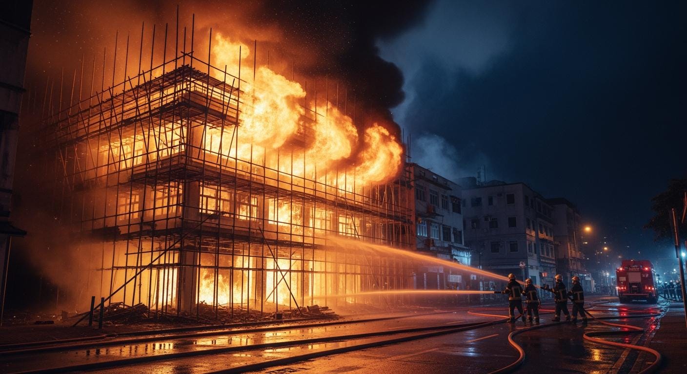 Modern realist painting of Wang Cheong House fire