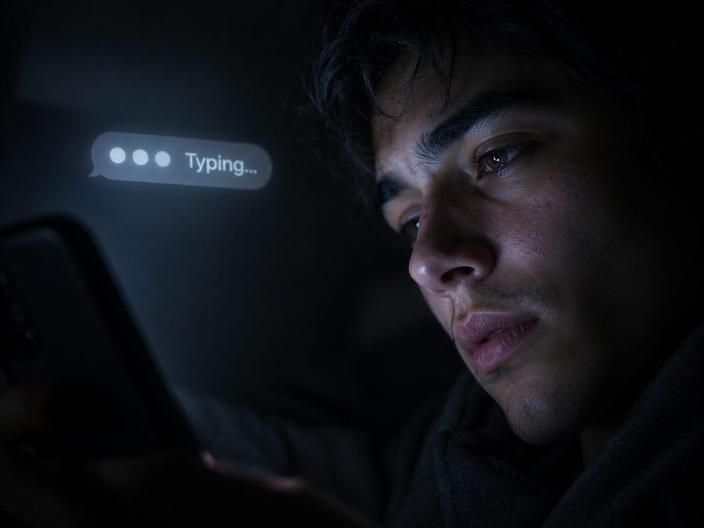 A glowing smartphone screen showing a typing indicator while a person watches emotionally in the dark, symbolizing modern digital communication and anticipation.