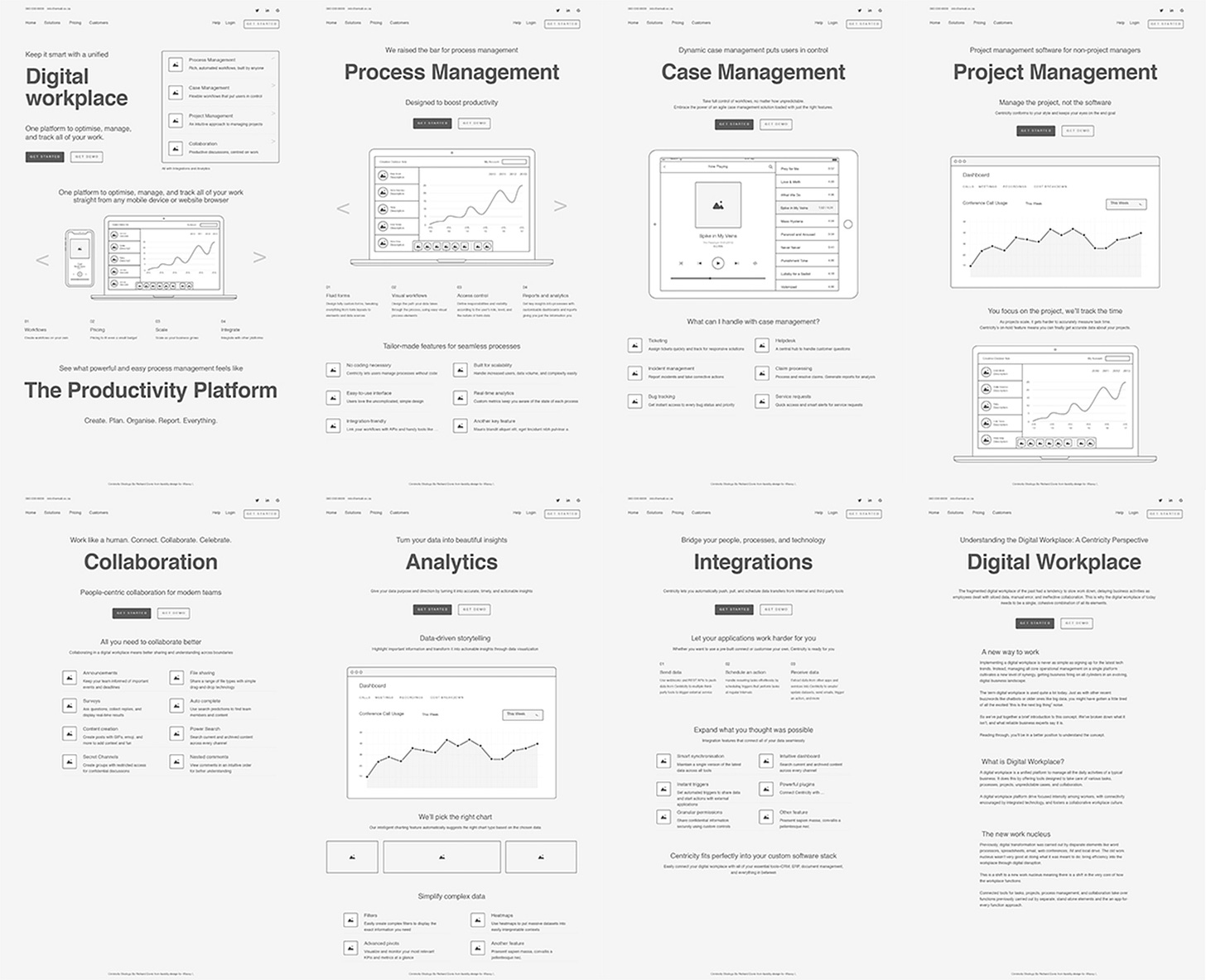 Grid of monochrome product page wireframes for process, case, project, collaboration, and analytics software
