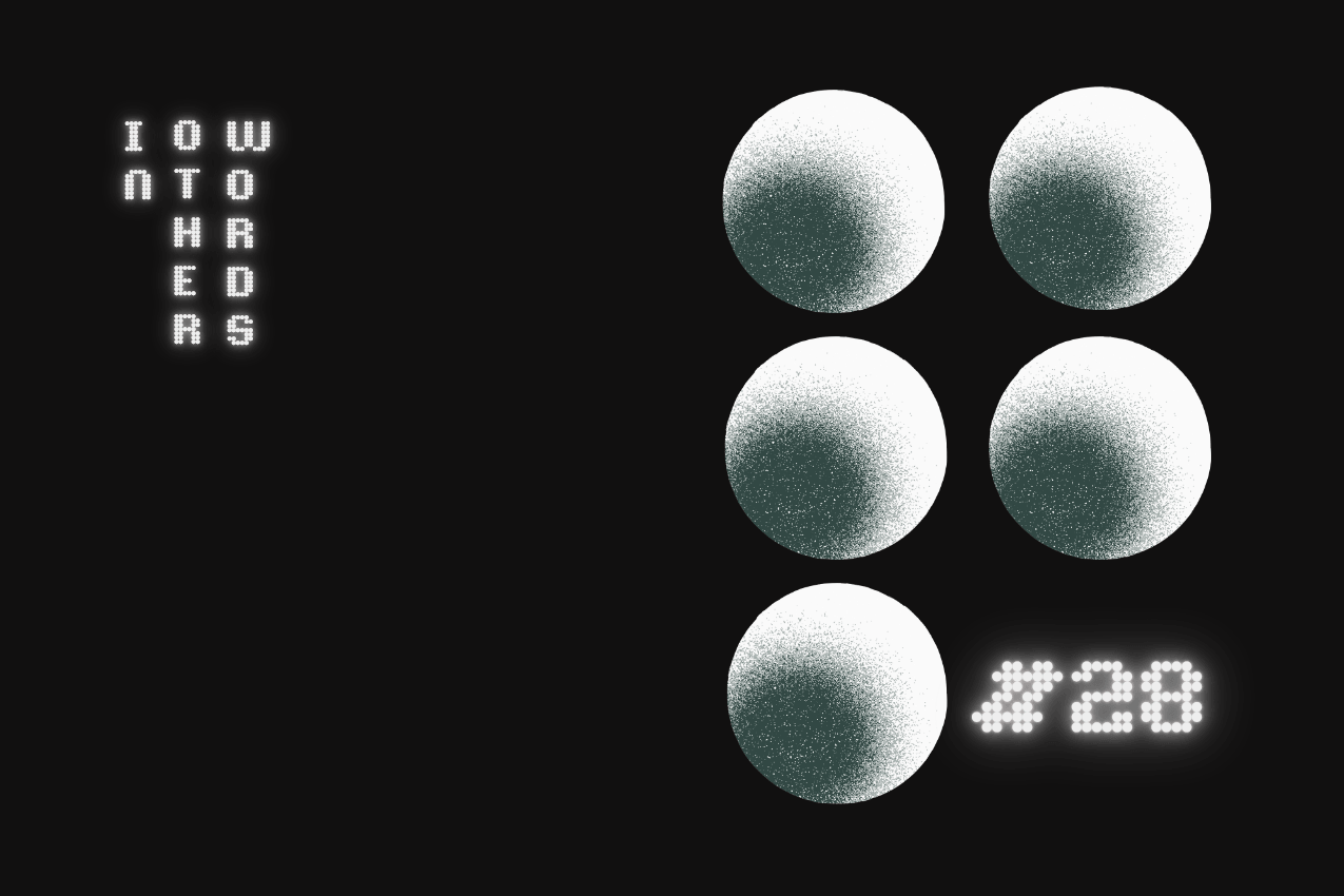 A dark, tactile display terminal emitting a soft phosphor glow. To the left, the text "In Other Words" is stacked into a vertical, computational dot-matrix grid. To the right, a system of five spheres carries a dense, granular stippled gradient texture. In the bottom-right corner, the illumination marks issue #28. Part of the In Other Words series at The Subtext Review.