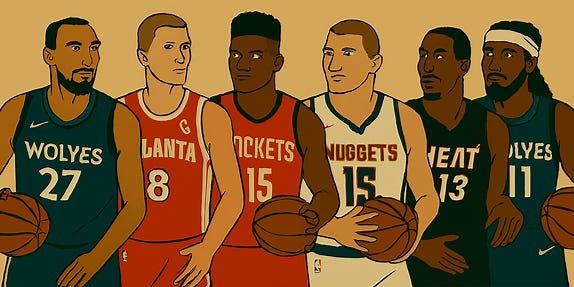 Create an image featuring Rudy Gobert in a Minnesota Timberwolves uniform, Kristaps Porzingis in an Atlanta Hawks uniform, Clint Capela in a Houston Rockets uniform, Nikola Jokic in a Denver Nuggets uniform, Bam Adebayo in a Miami Heat uniform, and Naz Reid in a Minnesota Timberwolves uniform. Use a bold, vintage-inspired style that highlights each player's unique flair and team identity.