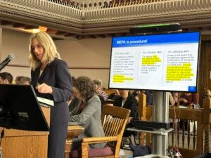 Department of Environmental Quality attorney Lee McKenna questions DEQ Director Chris Dorrington about his read of Montana's MEPA law. Department of Environmental Quality attorney Lee McKenna questions DEQ Director Chris Dorrington about his read of Montana's MEPA law.