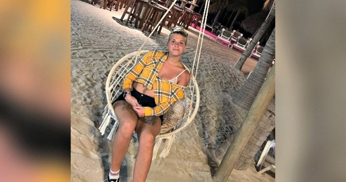 Young woman in a yellow plaid shirt and black shorts sitting on a hanging chair at a beachside bar during the evening. Young woman in a yellow plaid shirt and black shorts sitting on a hanging chair at a beachside bar during the evening.