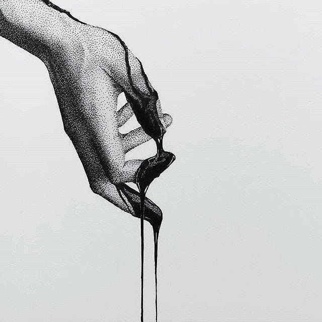 This may contain: a drawing of a hand holding a dripping liquid bottle with it's tip sticking out
