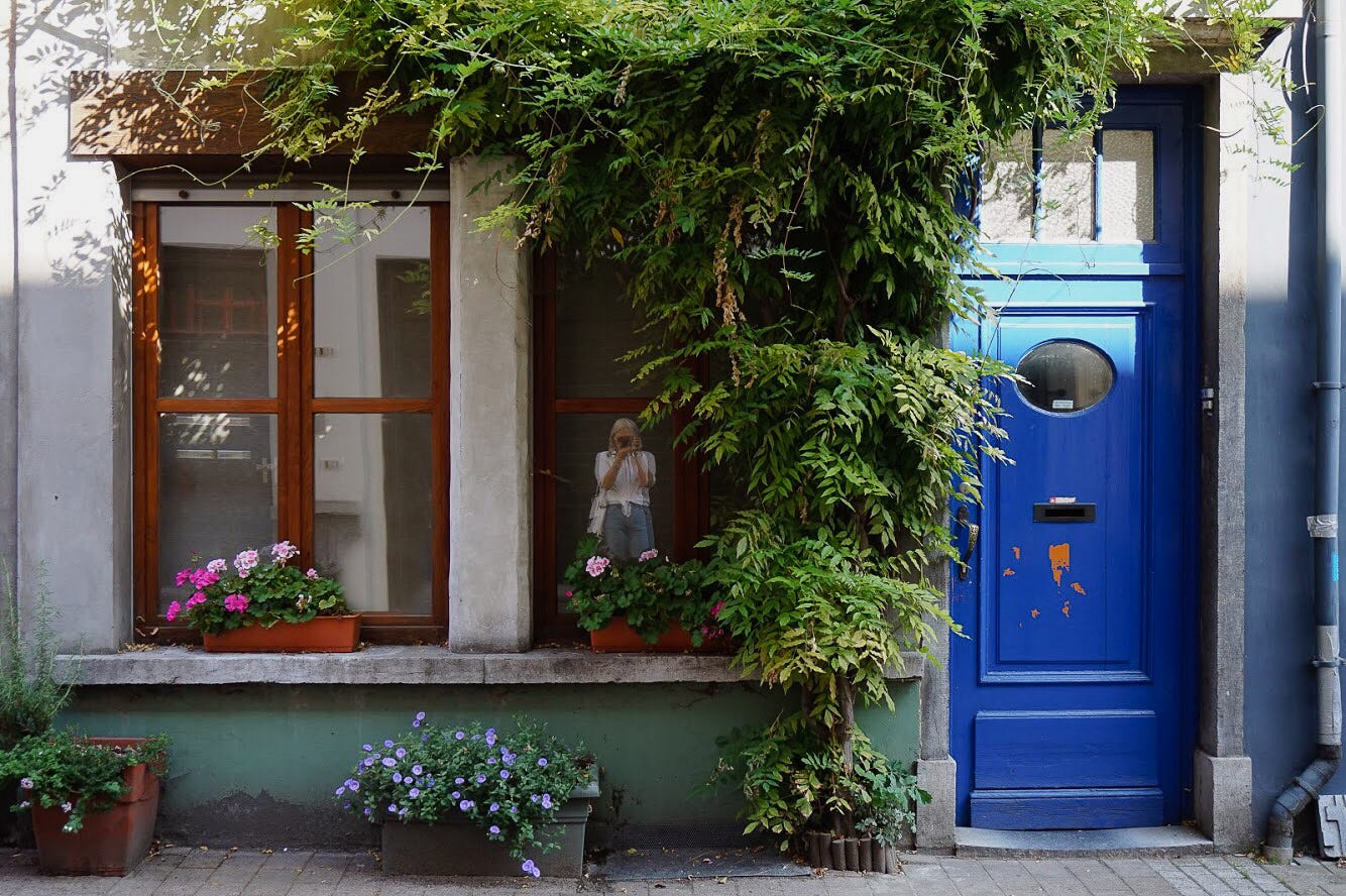 A colourful house in Antwerp with a blue door, wooden window trims, and greenery. My reflection is visible in the window.