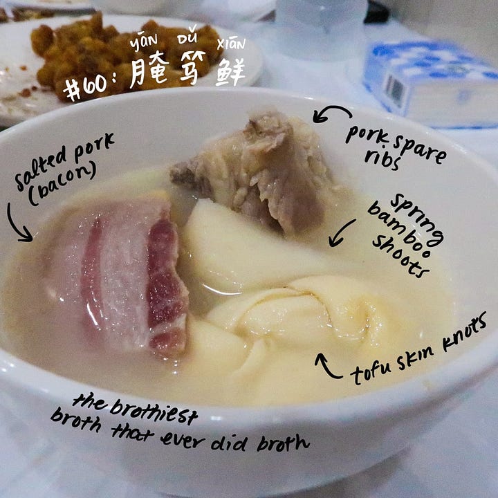 Salted pork soup with bamboo shoots and tofu (腌笃鲜, yān dǔ xiān)—t