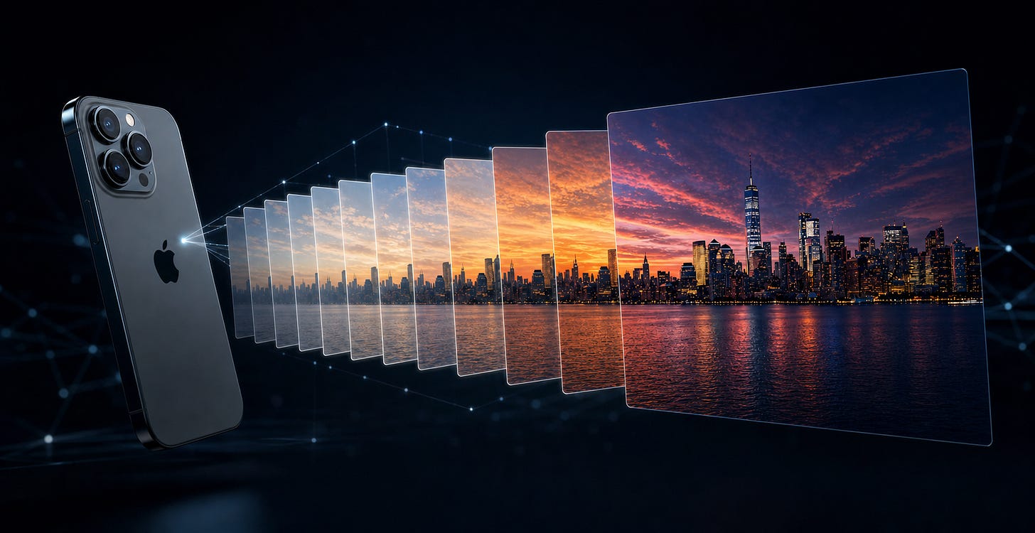 iPhone computationally fusing multiple frames of a timelapse sunset skyline iPhone computationally fusing multiple frames of a timelapse sunset skyline