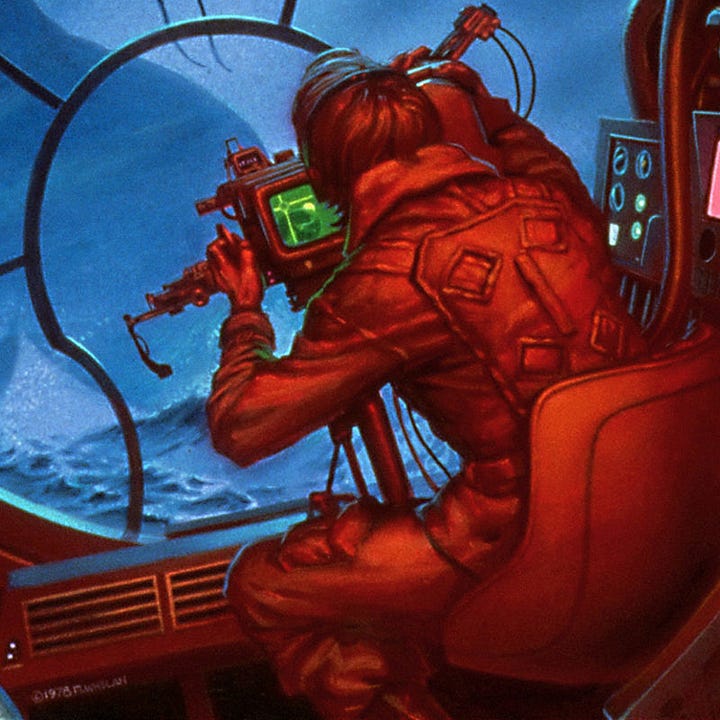 LEFT: Detail from FOUR DAY PLANET with the immediate foreground saturated in red as a low flying craft approaches a sea serpent. The angles of the composition and the POV from behind the pilot add a sense of action and danger. Through the round viewport segmented similarly to the view out of the Millennium Falcon in Star Wars, we’re drawn into the moment as the serpent’s neck curls with mouth open baring fangs. The ovals of its eyes are milky like the full orb of the moon rising behind it. The pilot is seated in a swivel chair and grips the controls of a targeting display.   RIGHT: Figure detail from FOUR DAY PLANET featuring a view of the pilot in a swivel hair from behind. He’s saturated in red light with the monitor of the targeting controls contrasting in a digital green. Out the viewport, rough seas are rendered in a cool blue.