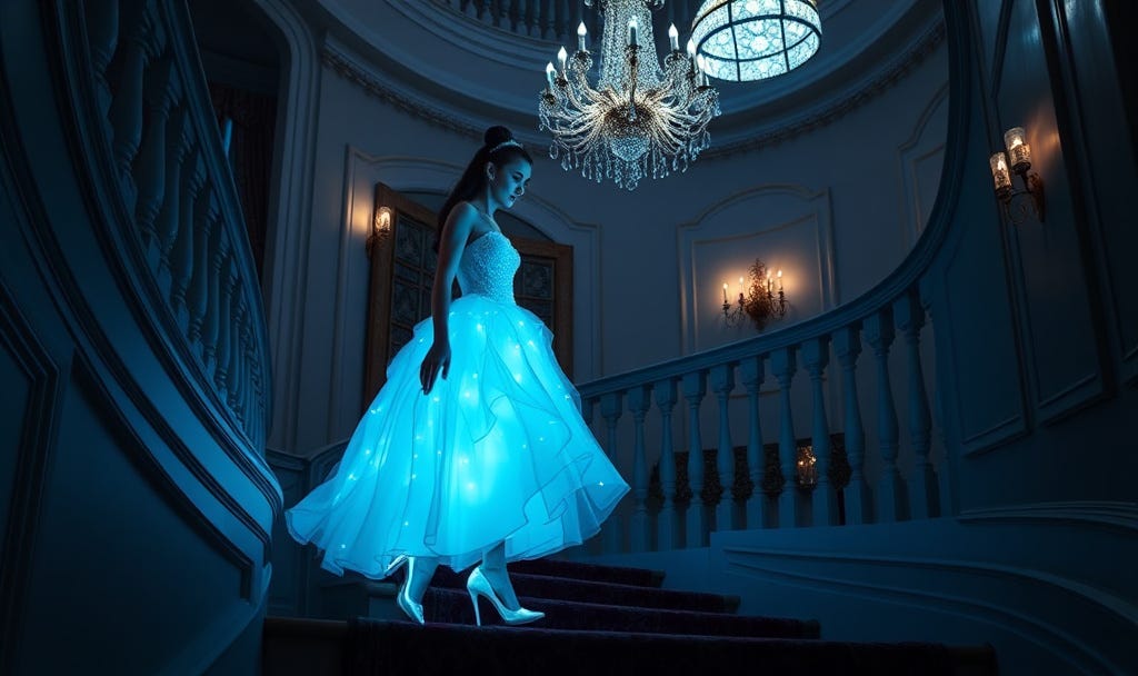 A lovely young woman in a bioluminescent tea-length gown descending a curved staircase into a ballroom A lovely young woman in a bioluminescent tea-length gown descending a curved staircase into a ballroom