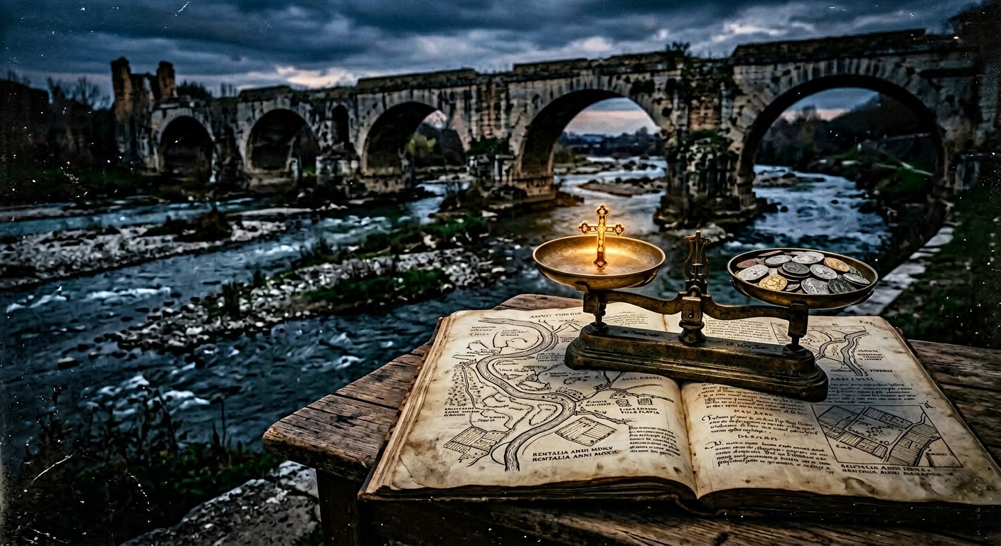 A high-contrast photo of a braided Roman river flowing under stone arches, with an open vellum ledger on the bank covered in stylized maps. A heavy bronze scale sits on the ledger, weighing a glowing cross against a pile of coins. Dramatic, textured lighting in blue and gold.