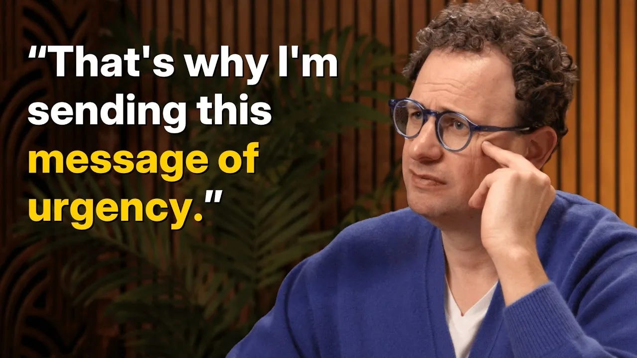 Dario Amodei, CEO of Anthropic, during his 2026 interview with Dwarkesh Patel, with overlay quote reading That's why I'm sending this message of urgency Dario Amodei, CEO of Anthropic, during his 2026 interview with Dwarkesh Patel, with overlay quote reading That's why I'm sending this message of urgency