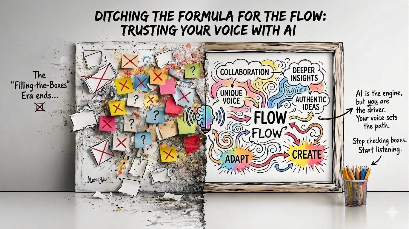 Ditching the formula for the flow. The real collaboration with AI happens when you stop filling in the boxes and start trusting your own unique voice to set the path. Ditching the formula for the flow. The real collaboration with AI happens when you stop filling in the boxes and start trusting your own unique voice to set the path.