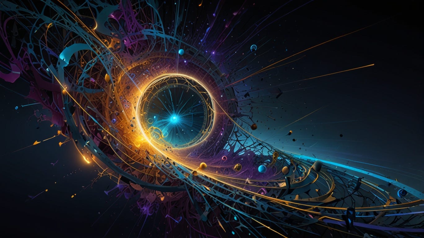A surreal, high-concept digital painting illustrating the essence of quantum chaos. In the foreground, a shattered classical clock morphs into flowing wavefunctions and entangled quantum circuits, symbolizing the breakdown of determinism. The midground features a holographic black hole radiating entangled strings of information into a complex, circuit-like cosmic web. In the background, chaotic fractal geometries blend with random matrix patterns and recursive tensor networks, all set within a curvature of spacetime resembling an AdS geometry. Subtle spectral lines drift across the sky, referencing eigenvalue distributions. A symbolic figure made of interlocking qubits reaches into a turbulent quantum field, evoking complexity growth and thermalization. The palette should emphasize deep blues, violets, and golds—no yellow tint (kein Gelbstich)—with high contrast and ethereal lighting, evoking both cosmic scale and informational density.