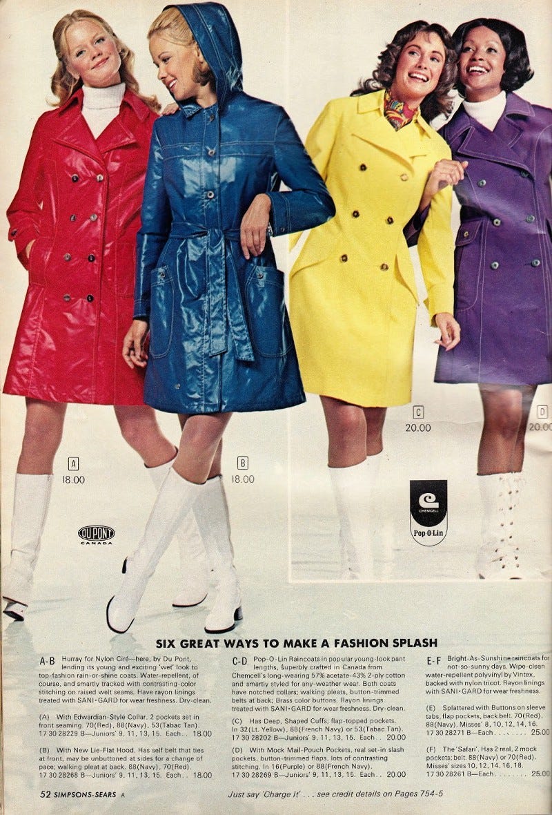 Page from a 1970s catalogue from Simpsons-Sears selling vibrant rain macs coated with special finishings. 4 women look very happy about their rain macs.