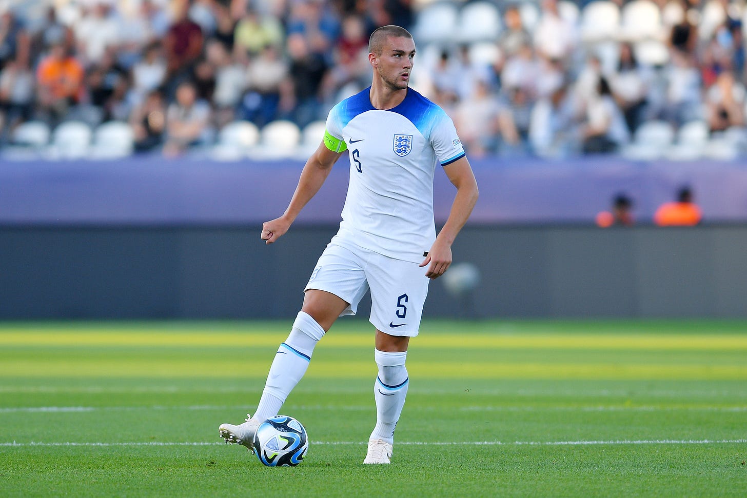 Taylor Harwood-Bellis pictured captaining England at the 2023 UEFA Under-21 European Championship