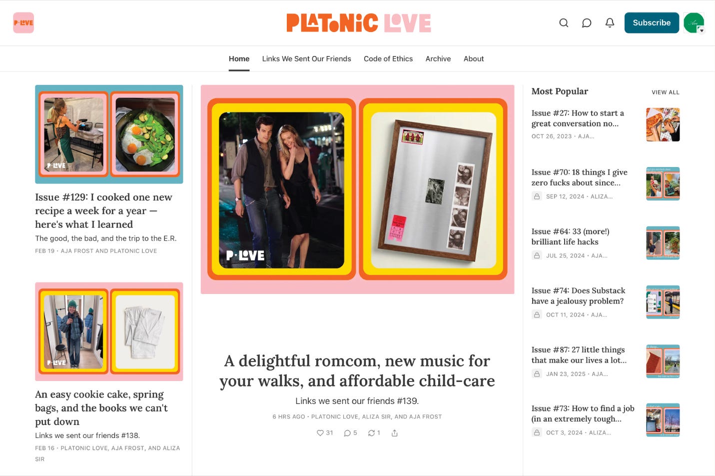 Substack branding example using varied colors with a consistent layout style to create a recognizable newsletter design
