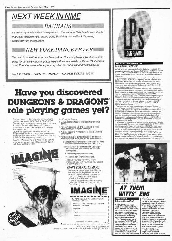 A page from New Musical Express 14th May, 1983. It show an ad with a headline of "Have you discovered Dungeons & Dragons role playing game yet? The ad is for Imagine magazine. It shows the cover of the 2nd issue with a shirtless sword wielding warrior.