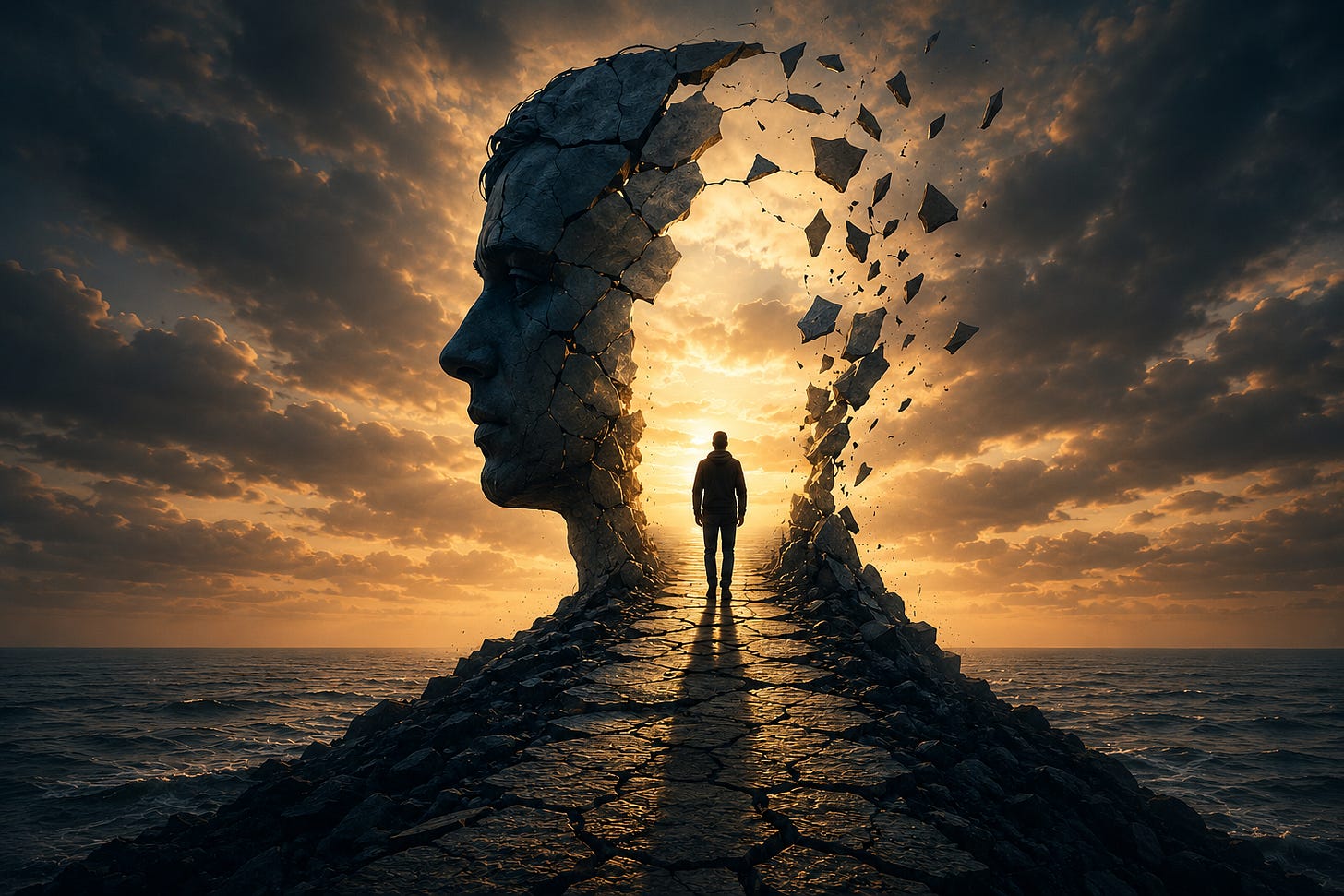 A solitary figure walks toward a glowing horizon through the shattered remains of a massive stone face suspended above the ocean, symbolizing identity, emotional healing, and transformation after adversity.