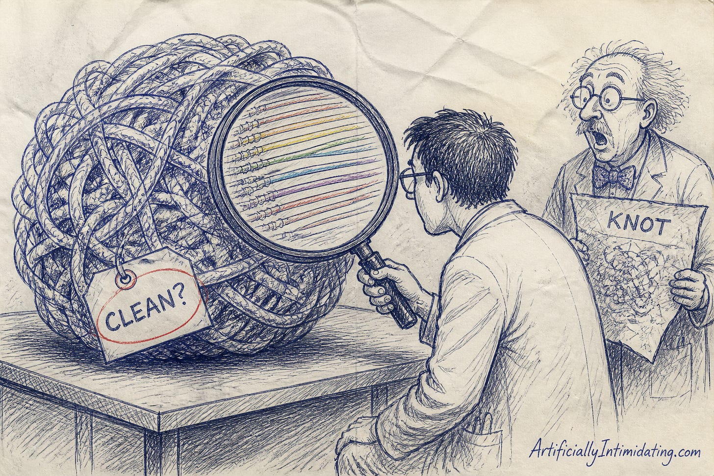 A researcher with a big magnifying glass finds that a giant tangled ball of rope is actually neat, color-coded parallel wires, while an older scientist holding a blueprint labeled KNOT stares in shock; a tag on the rope reads CLEAN?. A researcher with a big magnifying glass finds that a giant tangled ball of rope is actually neat, color-coded parallel wires, while an older scientist holding a blueprint labeled KNOT stares in shock; a tag on the rope reads CLEAN?.