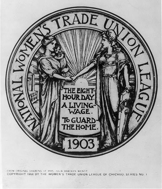 WTUL logo, 1908. Library of Congress. Logo design featuring a woman with baby shaking hands with an armored woman.