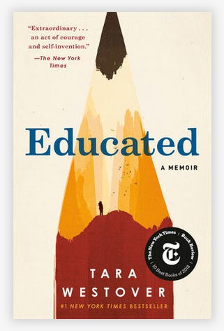 Cover of the book Educated, a close-up of the tip of a sharpened pencil, with the tiny silhouette of a girl standing on the painted rim with beams of light shining around her