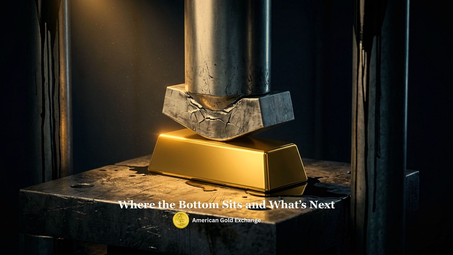 Gold bar under pressure from heavy metal press with cracks forming above