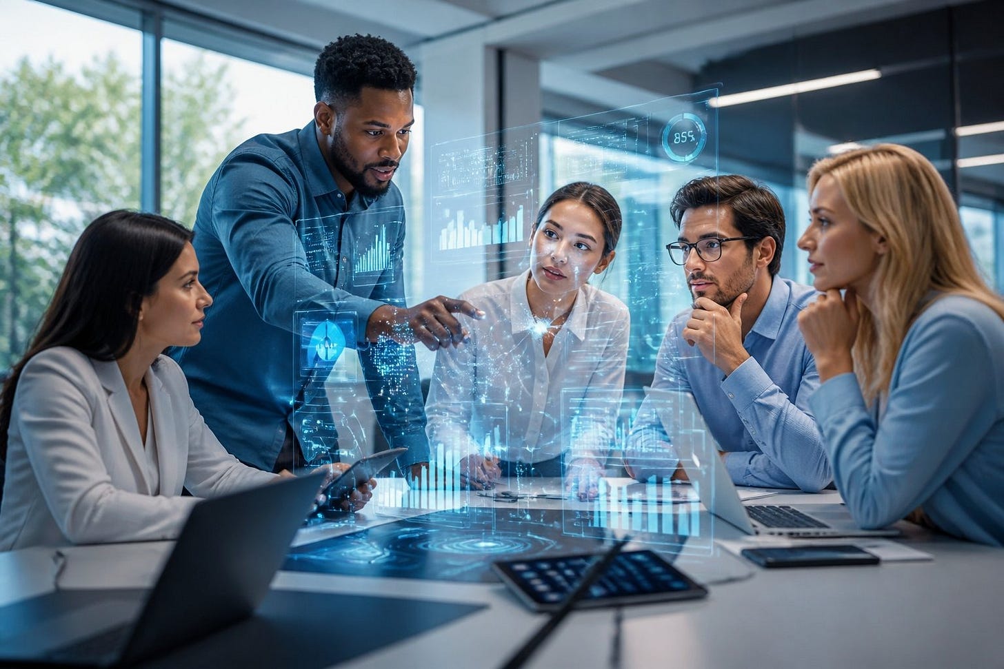 A group of young professionals collaborating around a table with digital devices and a holographic interface showing charts and data.