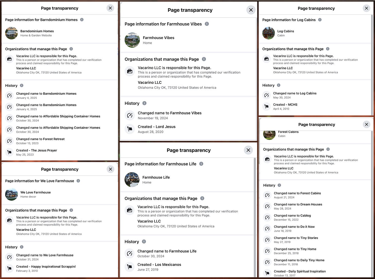 screenshots of the page transparency sections of six Facebook pages operated by Vacarino LLC that have undergone at least one suspicious name change