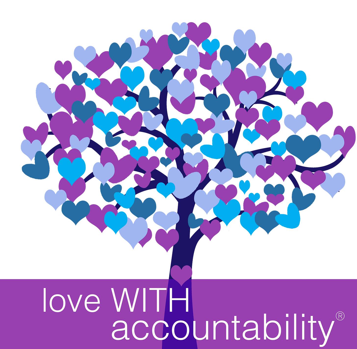 The love WITH accountability® logo: a lavender and blue tree with heart-shaped leaves, with the words “love WITH accountability®” at the roots. Design by Kathryn Bowser