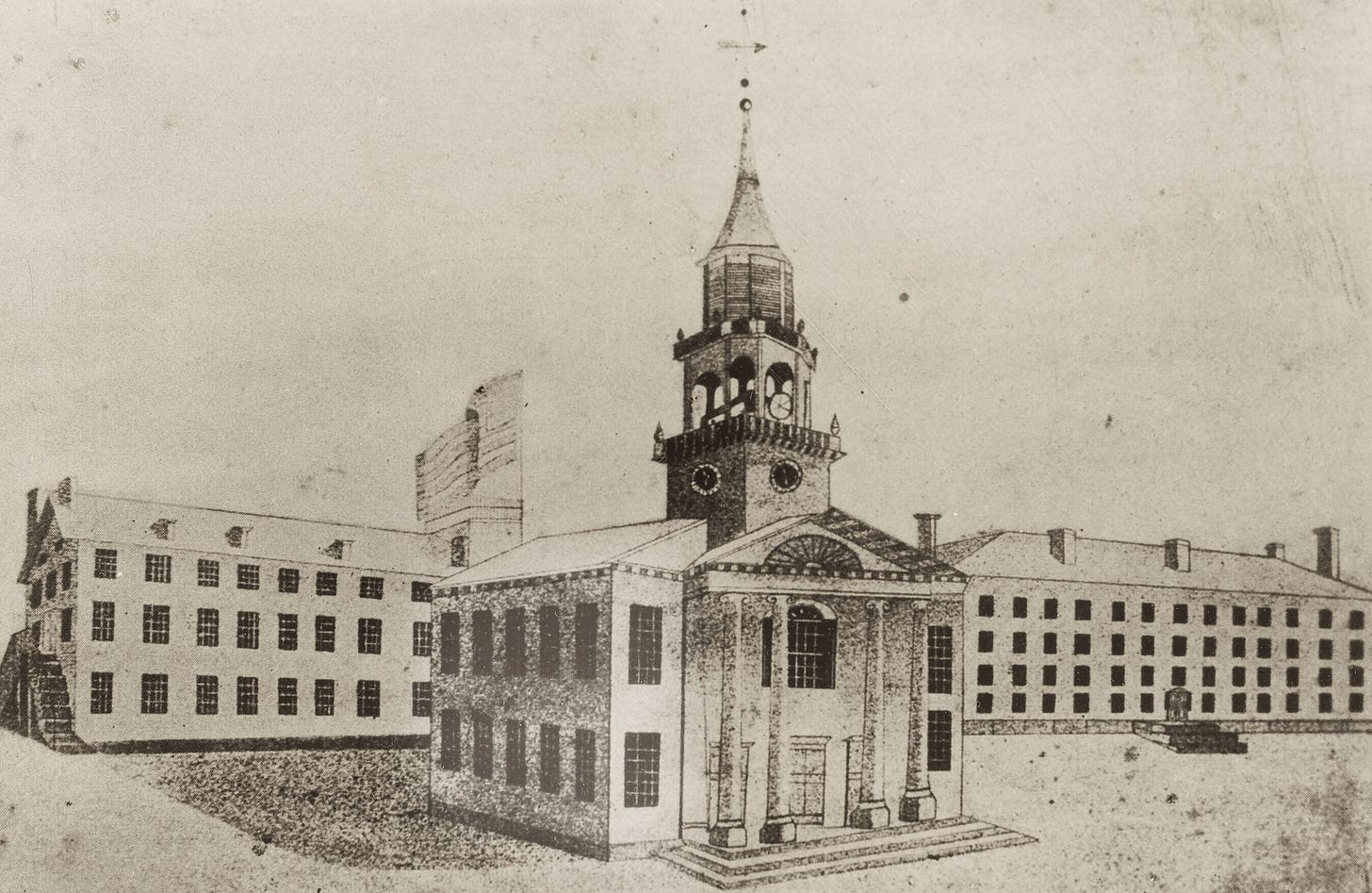 Drawing of the Norwich green before 1852: the Congregational church in front of the two university barracks, facing west