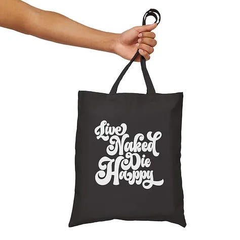 Three product images of a black tote bag with bold white text that reads “Live Naked Die Happy.” The first image shows the bag against a white background. The second shows a man casually carrying the bag over his shoulder. The third shows the bag hanging from a hand by its handles.