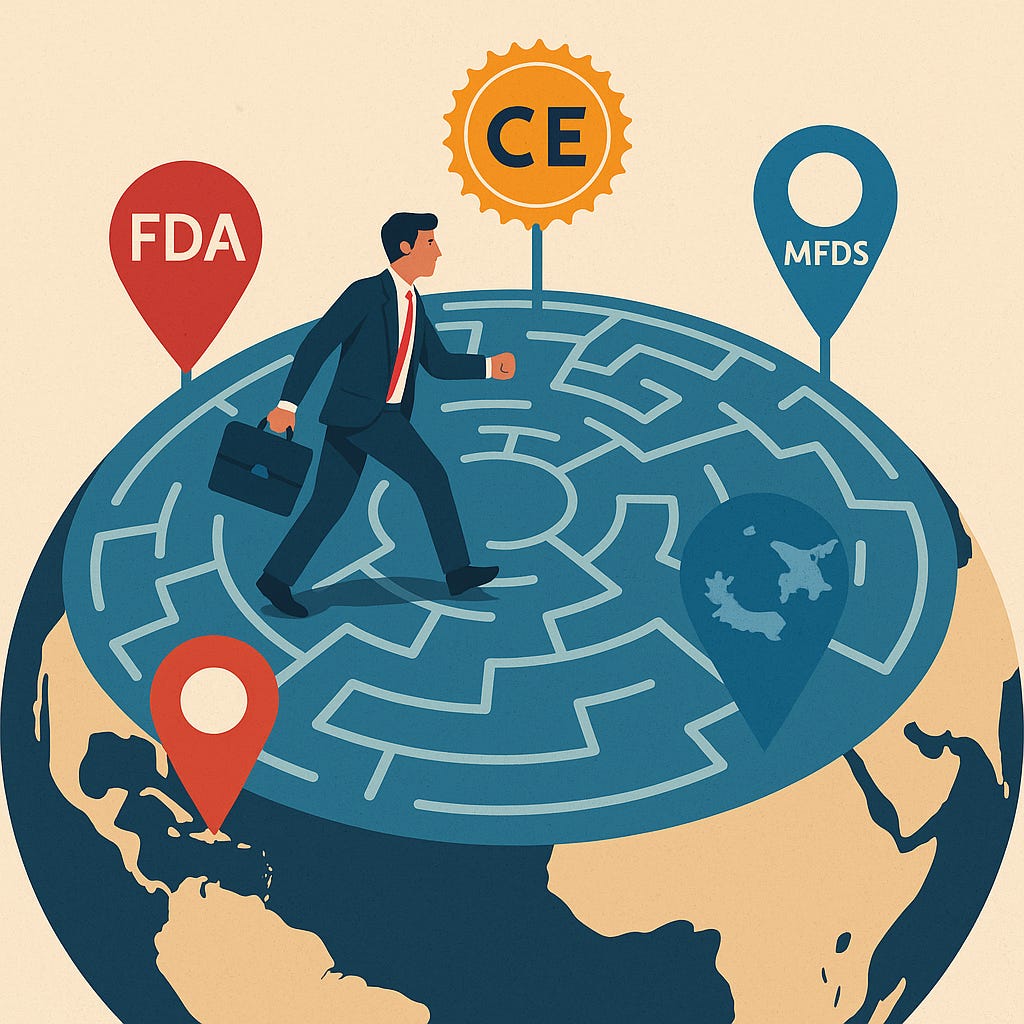 A flat-style digital illustration showing a business professional standing inside a maze shaped like a world map, surrounded by flags labeled FDA, CE, MDR, symbolizing the complex global regulatory landscape for digital health startups.