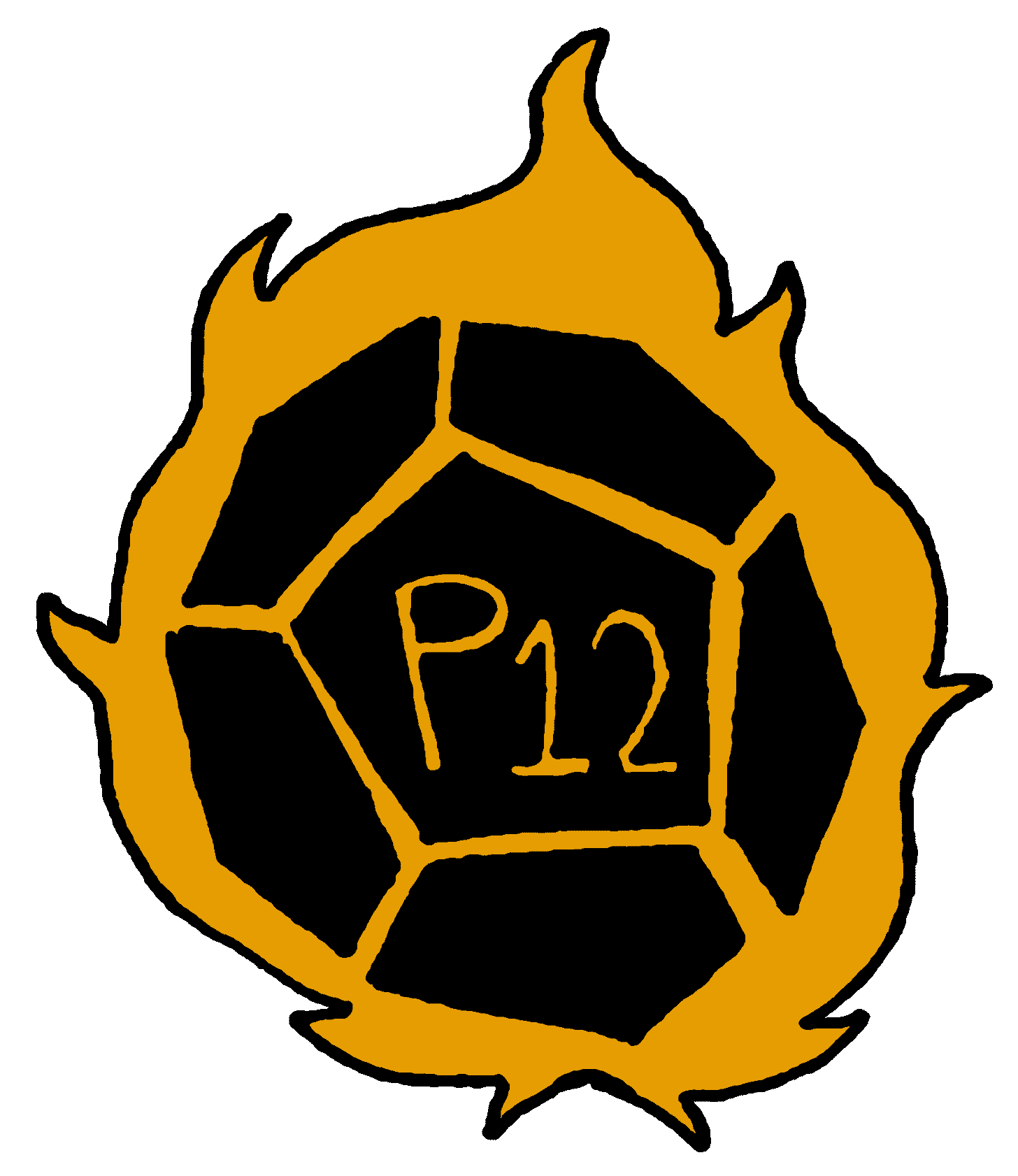Stylized orange twelve-sided die with "P12" written in the center, encircled by a flame-like outline on a black background. Stylized orange twelve-sided die with "P12" written in the center, encircled by a flame-like outline on a black background.
