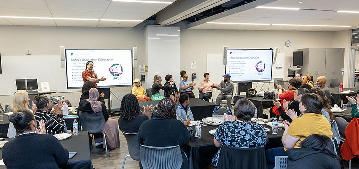 Photos of the graduation celebration for the inaugural CCP restorative justice cohort, including adult students, professors, and community members.
