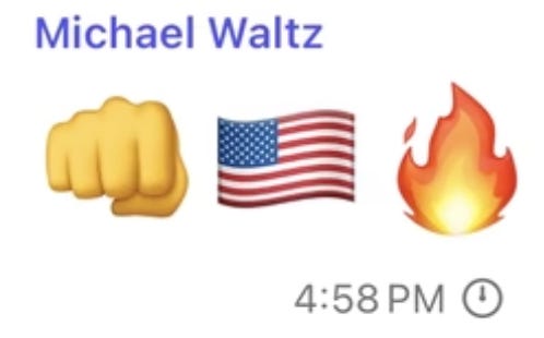 Michael Waltz with emoji of fist bumb, us flag, and fire