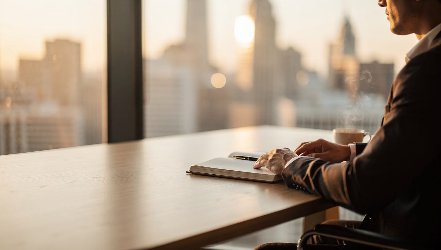 A cinematic, photorealistic wide-format editorial header image. A lone investor sits at a minimalist wooden desk by a large window with soft natural light. On the desk: a single open notebook, a pen, and a cup of coffee. No screens, no charts, no complexity. The background shows a blurred city skyline at golden hour. The mood is calm, focused, and confident. Shallow depth of field. Warm amber and cream tones. Shot with a 35mm lens. High-end financial magazine aesthetic. 16:9 aspect ratio. A cinematic, photorealistic wide-format editorial header image. A lone investor sits at a minimalist wooden desk by a large window with soft natural light. On the desk: a single open notebook, a pen, and a cup of coffee. No screens, no charts, no complexity. The background shows a blurred city skyline at golden hour. The mood is calm, focused, and confident. Shallow depth of field. Warm amber and cream tones. Shot with a 35mm lens. High-end financial magazine aesthetic. 16:9 aspect ratio.