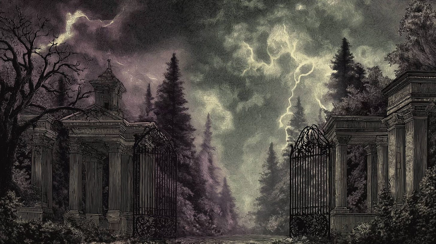 A dark, storm-haunted forest path framed by decaying classical gates and columns, lit by pale lightning twisting through heavy clouds.