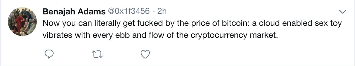 Now you can literally get fucked by the price of bitcoin: a cloud enabled sex toy vibrates with every ebb and flow of the cryptocurrency market.