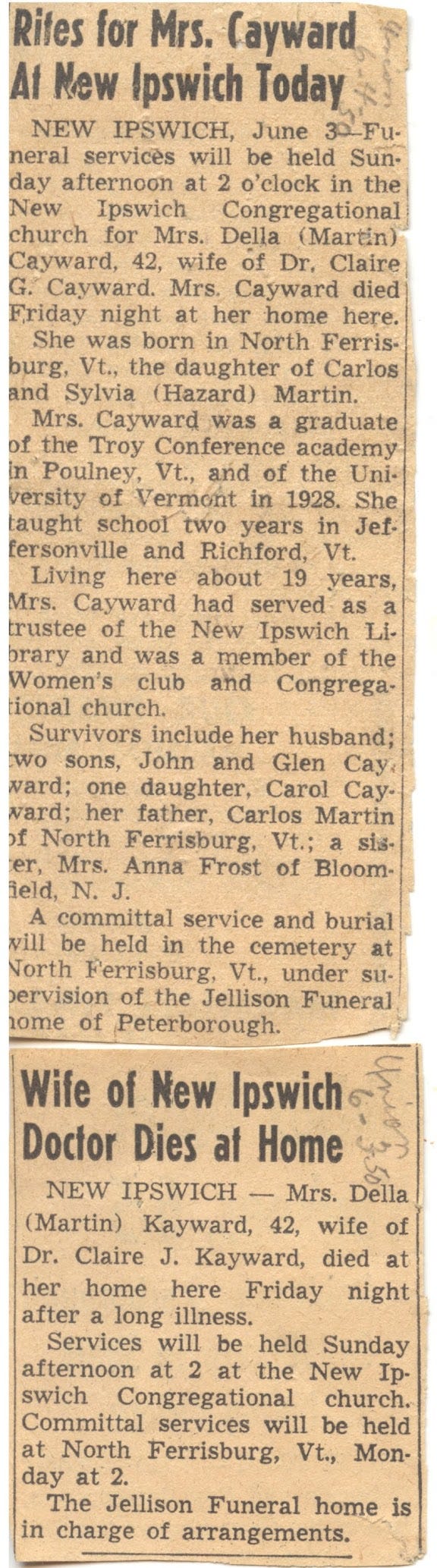 Newspaper clipping of Mrs. Cayward funeral