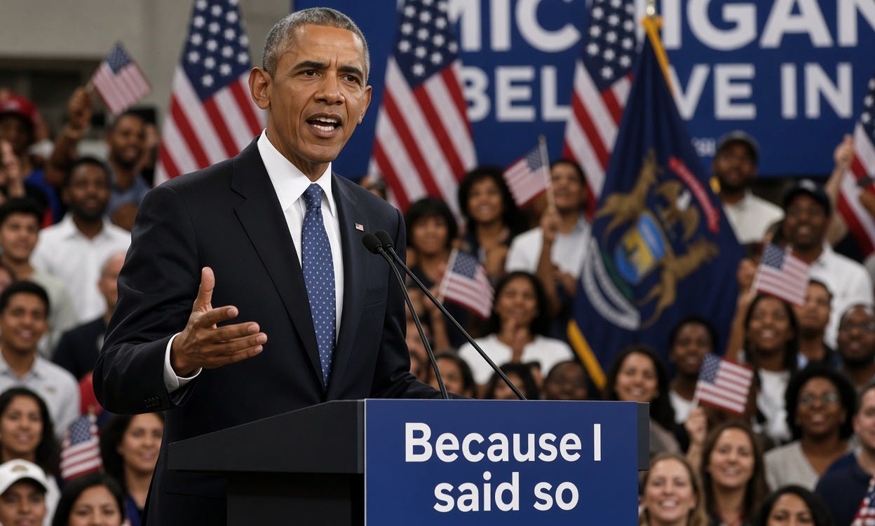 Barack Obama in a dark suit and blue patterned tie stands at a blue podium labeled “Because I said so,” speaking with his right hand raised. Behind him is a diverse crowd holding small American flags, Michigan state flags, and a large blue banner partially reading “MICHIGAN BELIEVE IN.”